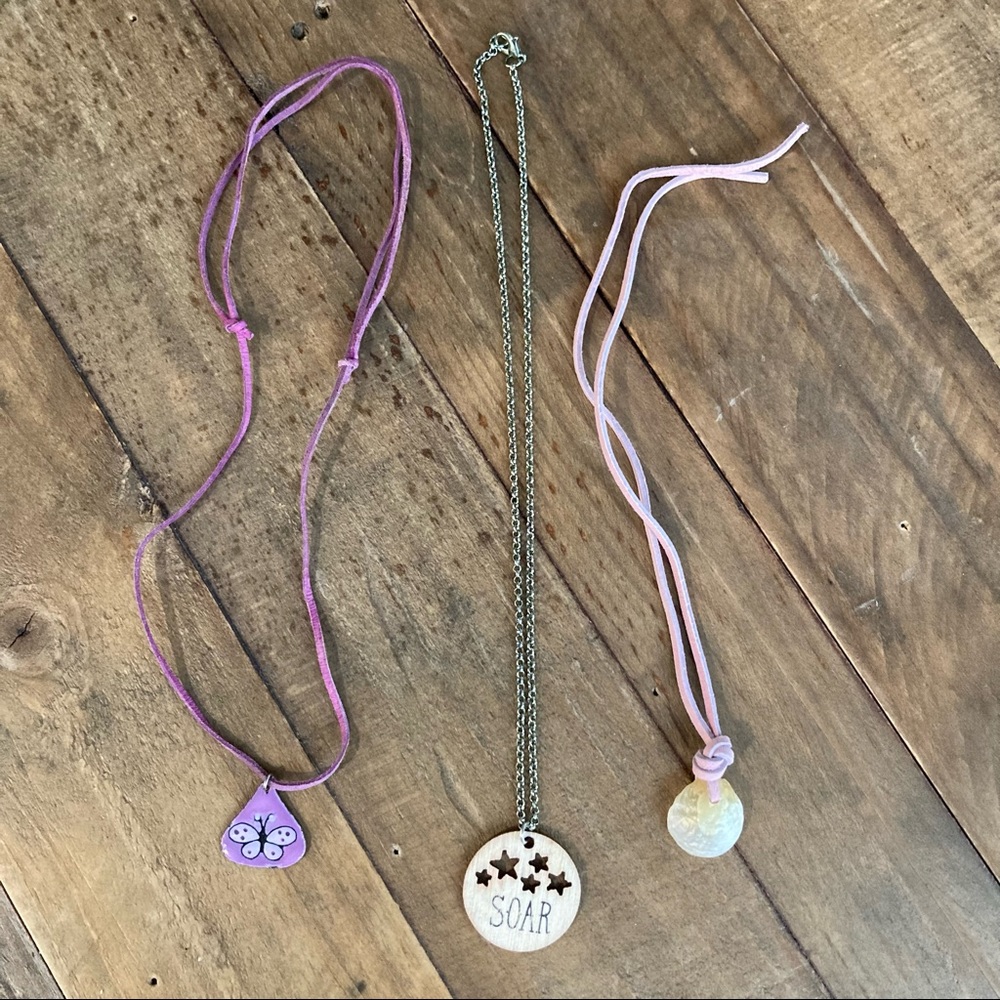 Set of Three Necklaces Girls Butterfly Enamel Seashell Purple & Pink